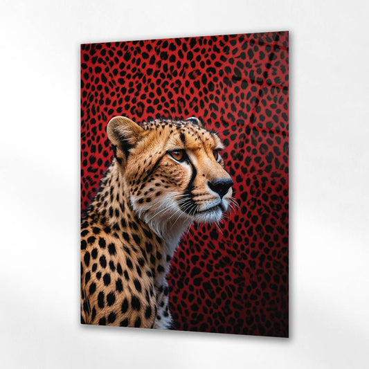Kırmızı Fonlu Çita Portre Cam Tablo