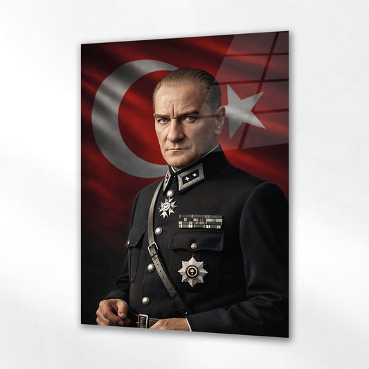 Atatürk Askeri Üniformalı Türk Bayrağı Cam Tablo