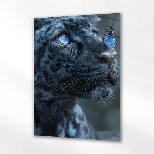 Mavi Leopar Kelebek Sanatsal Cam Tablo