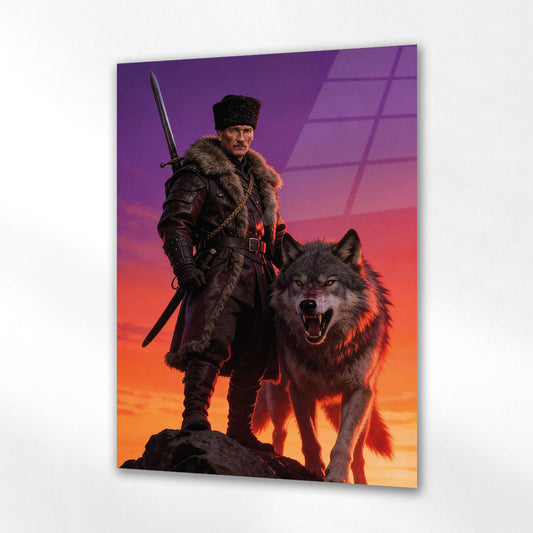 Atatürk ve Kurtlu Türk Savaşçısı Günbatımı Epik Cam Tablo