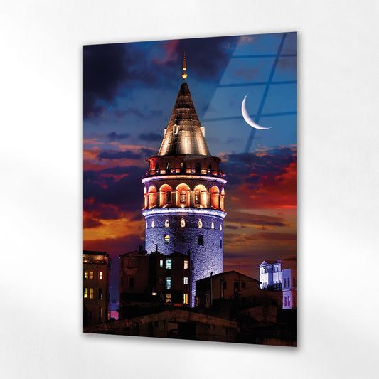 Galata Kulesi Gece Ay Manzaralı İstanbul Cam Tablo