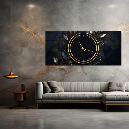 Altın Yapraklı Gece Temalı - Saatlı Cam Tablo