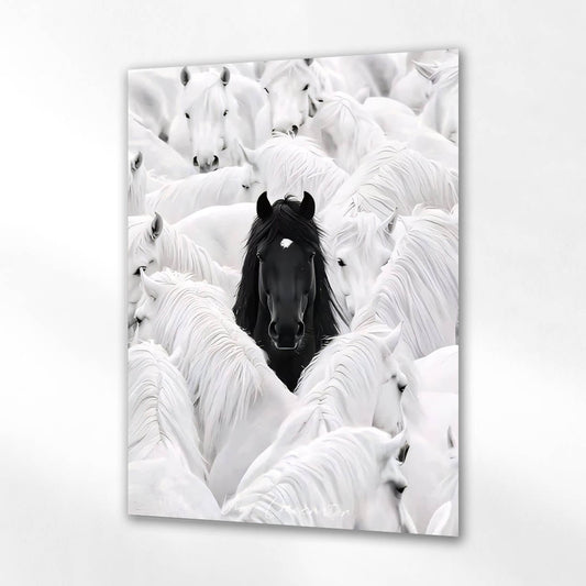 Siyah At Beyaz Sürü Kontrast Cam Tablo
