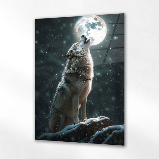 Dolunayda Uluyan Kurt Gece Cam Tablo