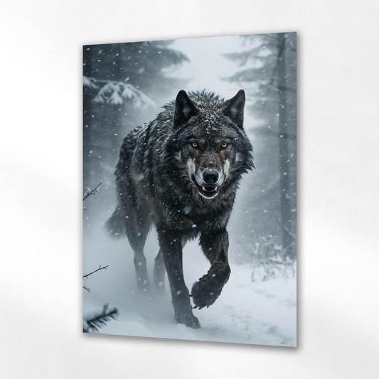 Kar Fırtınasında Kurt Doğa Cam Tablo