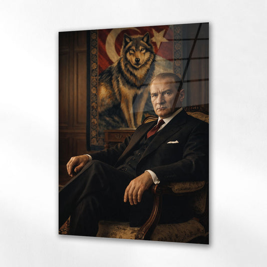 Atatürk Koltukta Oturan Bozkurt Fonlu Cam Tablo