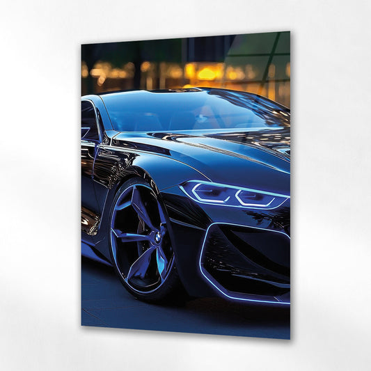 BMW Spor Araba Cam Tablo – Modern Mavi Işıklı Tasarım - 4 mm Temperli Cam Tablo - Ev, ofis dekorasyon
