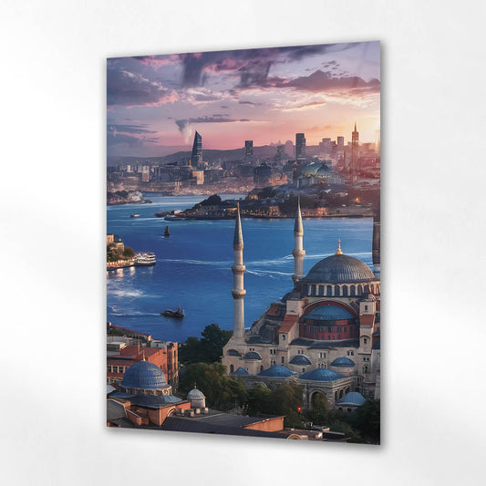 İstanbul Silüeti Gün Batımı Cam Tablo