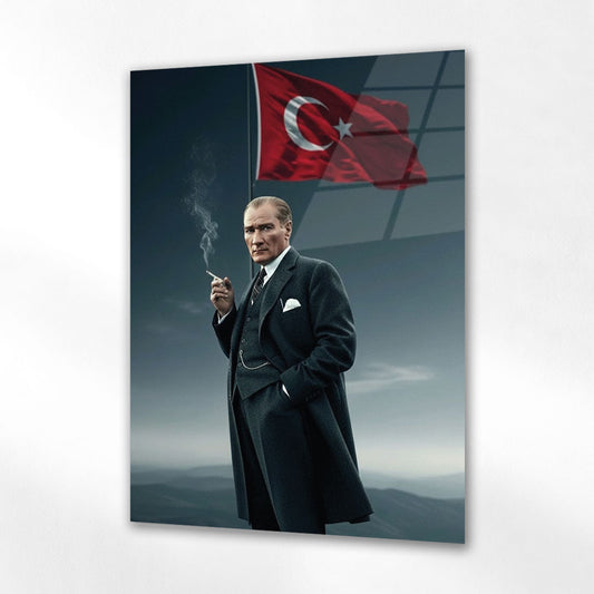 Atatürk Bayraklı İkonik Portre Cam Tablo - 4 mm Temperli Cam Tablo - Ev, ofis dekorasyon
