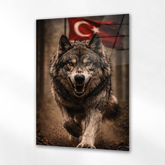 Türk Bayraklı Kurt Saldırı Anı Epik Cam Tablo