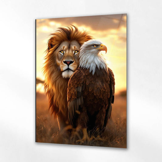 Aslan ve Kartal Günbatımı Cam Tablo