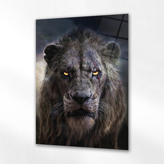 Yaralı Aslan Karanlık Portre Cam Tablo