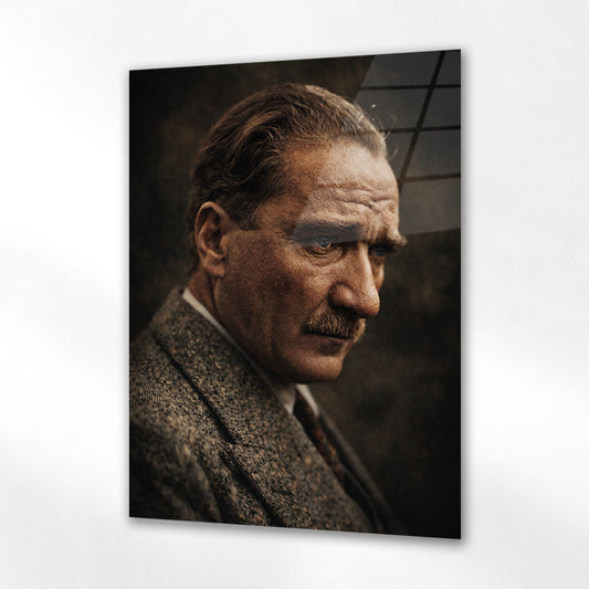 Atatürk Yandan Bakış Derin Duygulu Portre Cam Tablo