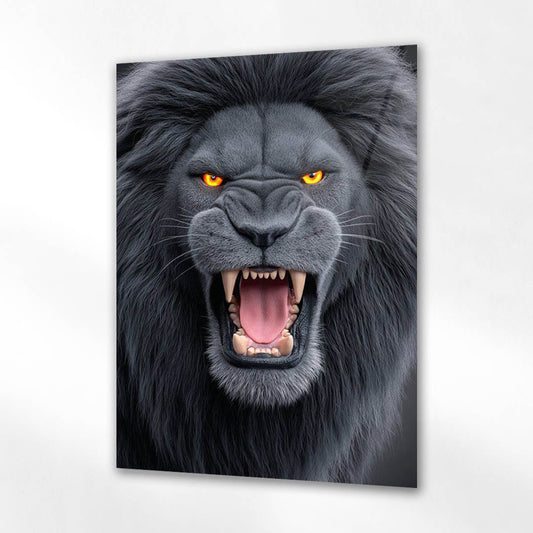 Kükreyen Siyah Aslan Cam Tablo
