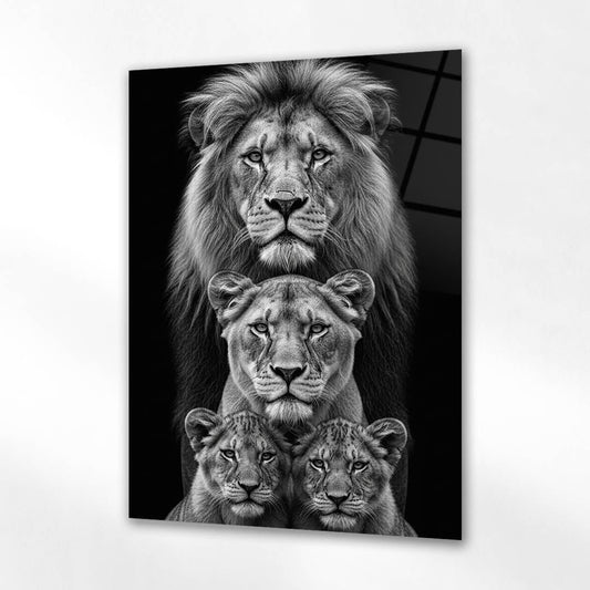 Aslan Ailesi Siyah Beyaz Cam Tablo