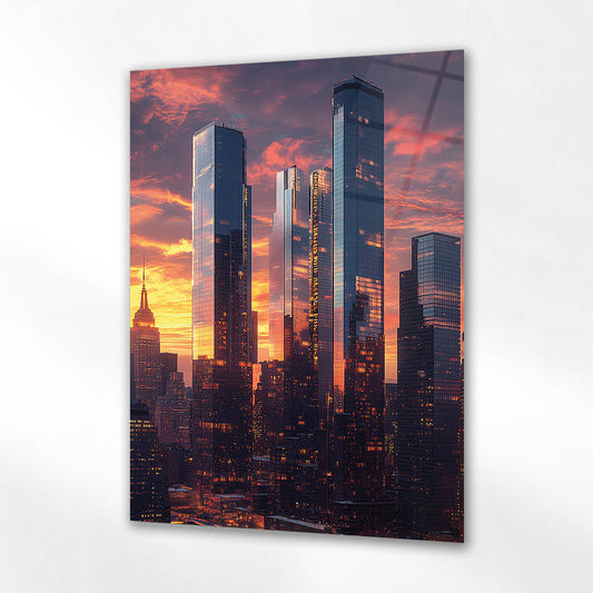 New York Modern Gökdelenler Gün Batımı Cam Tablo