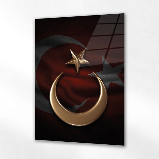 Türk Bayrağı Hilal Yıldız Altın Sembol Cam Tablo