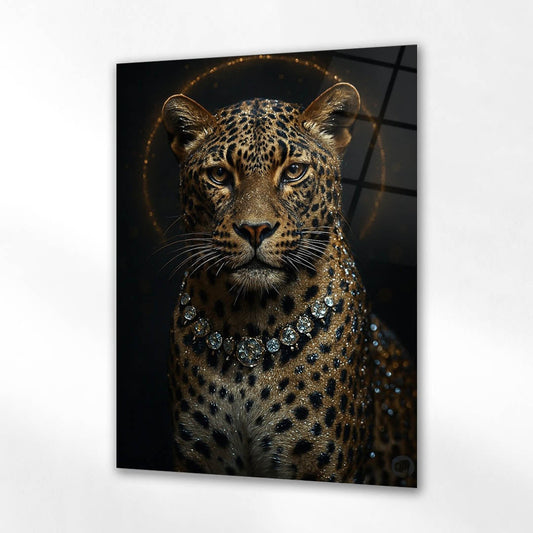 Lüks Leopar Taçlı Takı Detaylı Cam Tablo