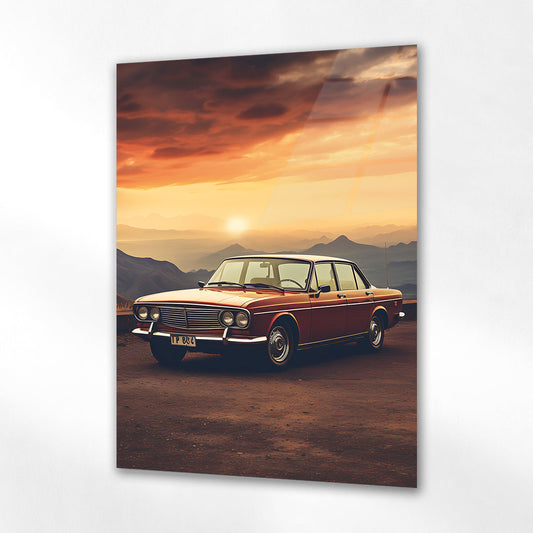 Klasik Sedan Araba Cam Tablo – Gün Batımı Vintage Sahne - Cam Tablo