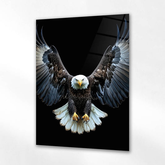 Siyah Fon Kanat Açan Kartal Cam Tablo