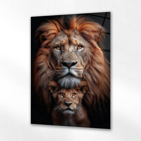 Aslan ve Yavru Güçlü Portre Cam Tablo