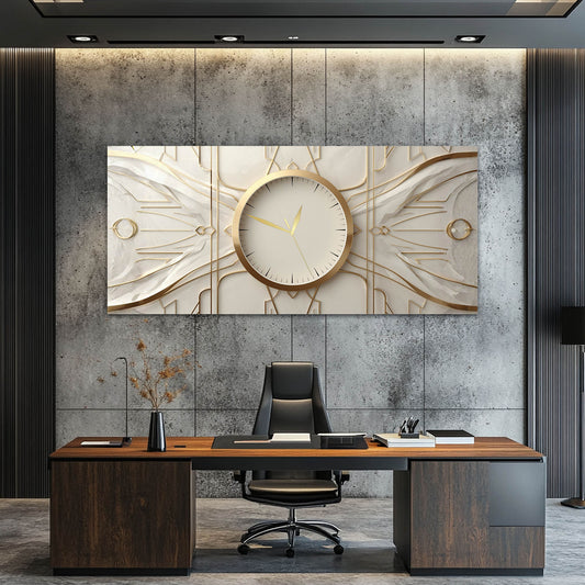 Art Deco Geometrik Altın Detaylı Cam Saatli Tablo 4 mm Beyaz