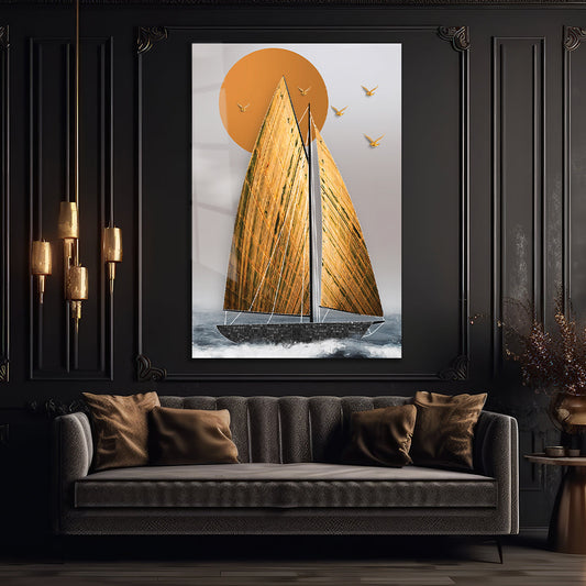 Artistic Glass Panel of a Sailboat with Golden Sails