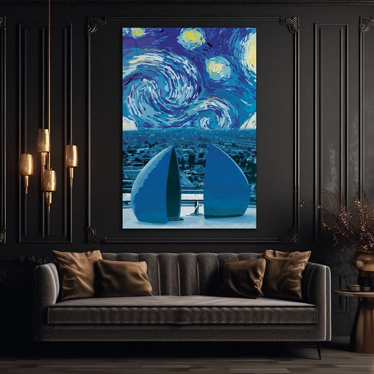Starry Night Over Baghdad - Artistic Mashup with Blue Monument Glass wall art