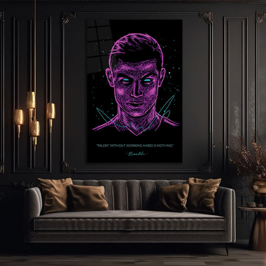 Ronaldo Neon Digital Portrait and Motivational Quote Glass Wall Art