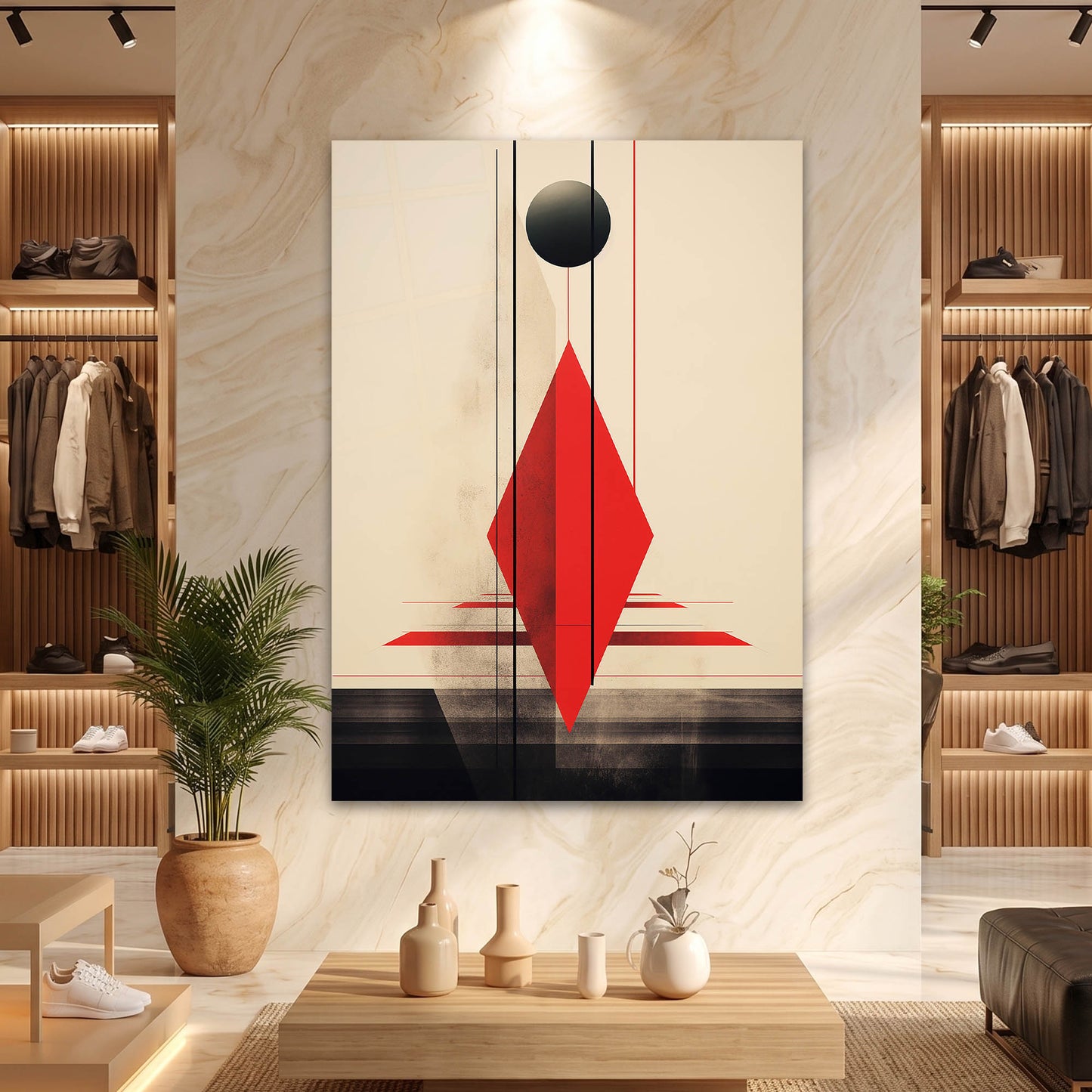Kırmızı Geometrik Prizma ve Siyah Küre Tasarımlı Cam Tablo