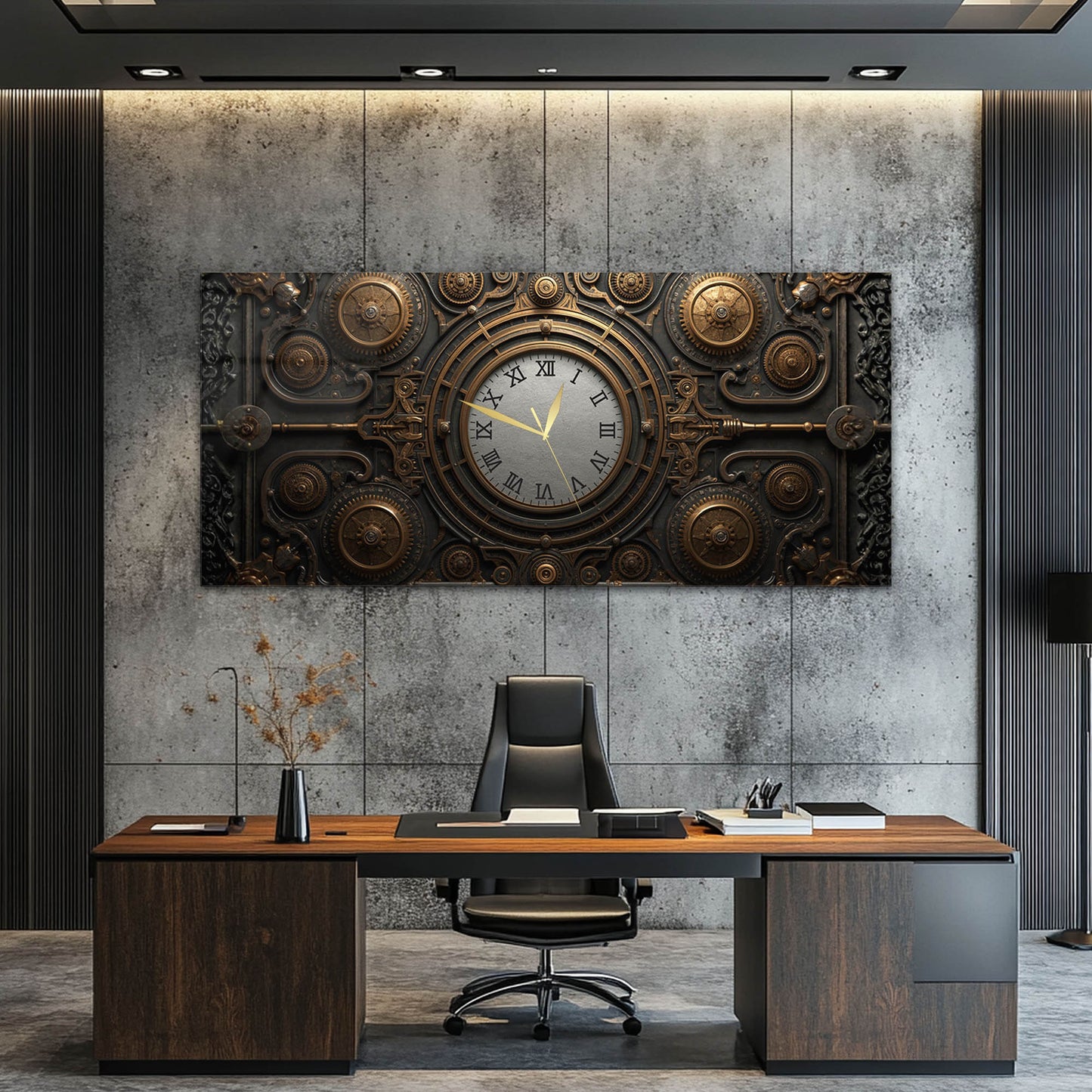 Steampunk Mekanik Dişli Tasarımlı Bronz Renk Cam Saatli Tablo 4 mm