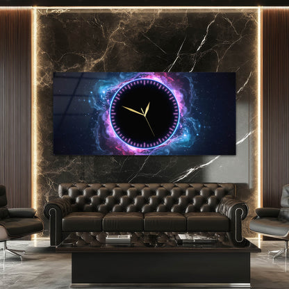 Neon Halka Detaylı Kozmik Galaksi Temalı Cam Saatli Tablo 4 mm