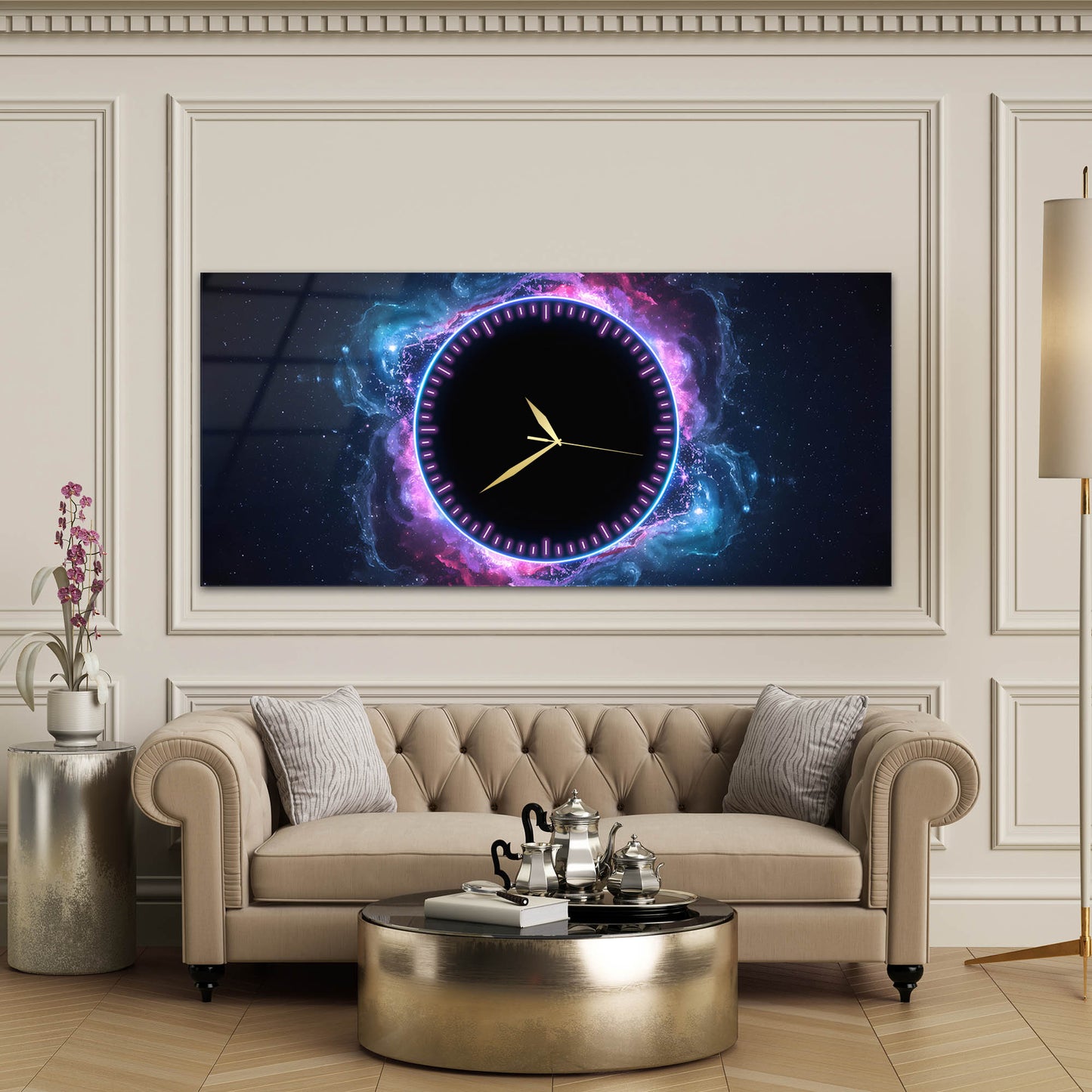 Neon Halka Detaylı Kozmik Galaksi Temalı Cam Saatli Tablo 4 mm