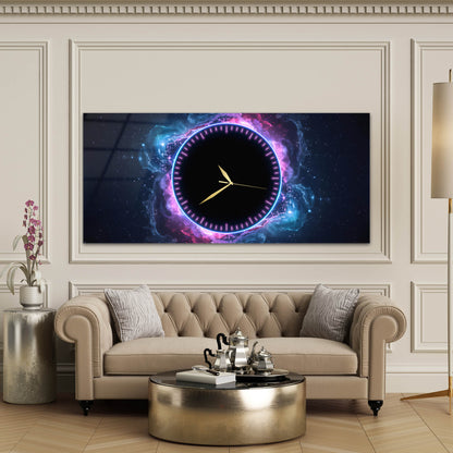 Neon Halka Detaylı Kozmik Galaksi Temalı Cam Saatli Tablo 4 mm