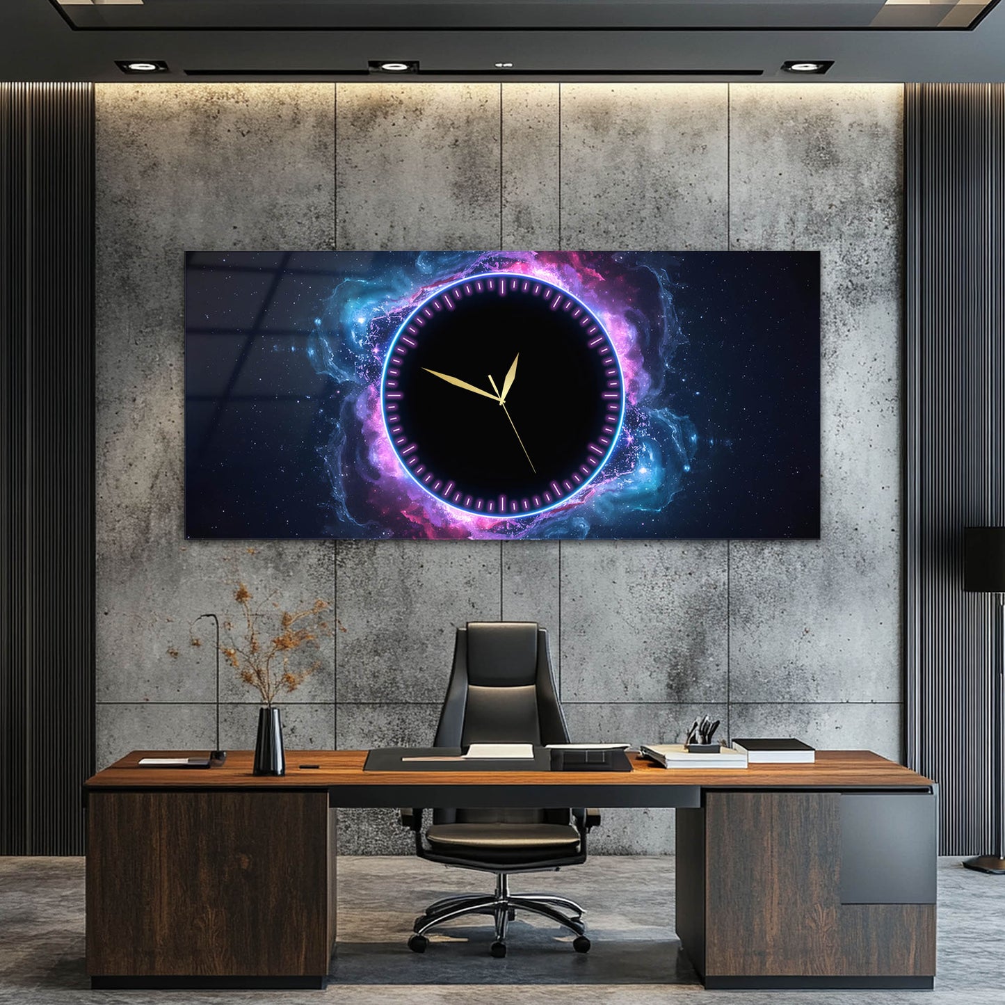 Neon Halka Detaylı Kozmik Galaksi Temalı Cam Saatli Tablo 4 mm