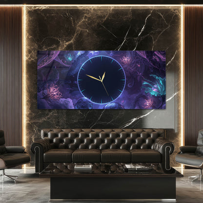 Fantastik Neon Çiçekli Büyülü Gece Bahçesi Cam Saatli Tablo 4 mm