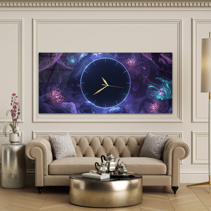 Fantastik Neon Çiçekli Büyülü Gece Bahçesi Cam Saatli Tablo 4 mm