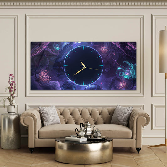 Fantastik Neon Çiçekli Büyülü Gece Bahçesi Cam Saatli Tablo 4 mm