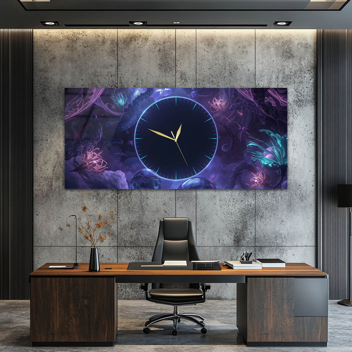 Fantastik Neon Çiçekli Büyülü Gece Bahçesi Cam Saatli Tablo 4 mm