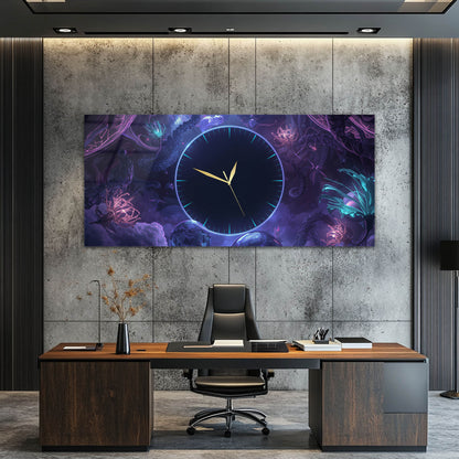 Fantastik Neon Çiçekli Büyülü Gece Bahçesi Cam Saatli Tablo 4 mm