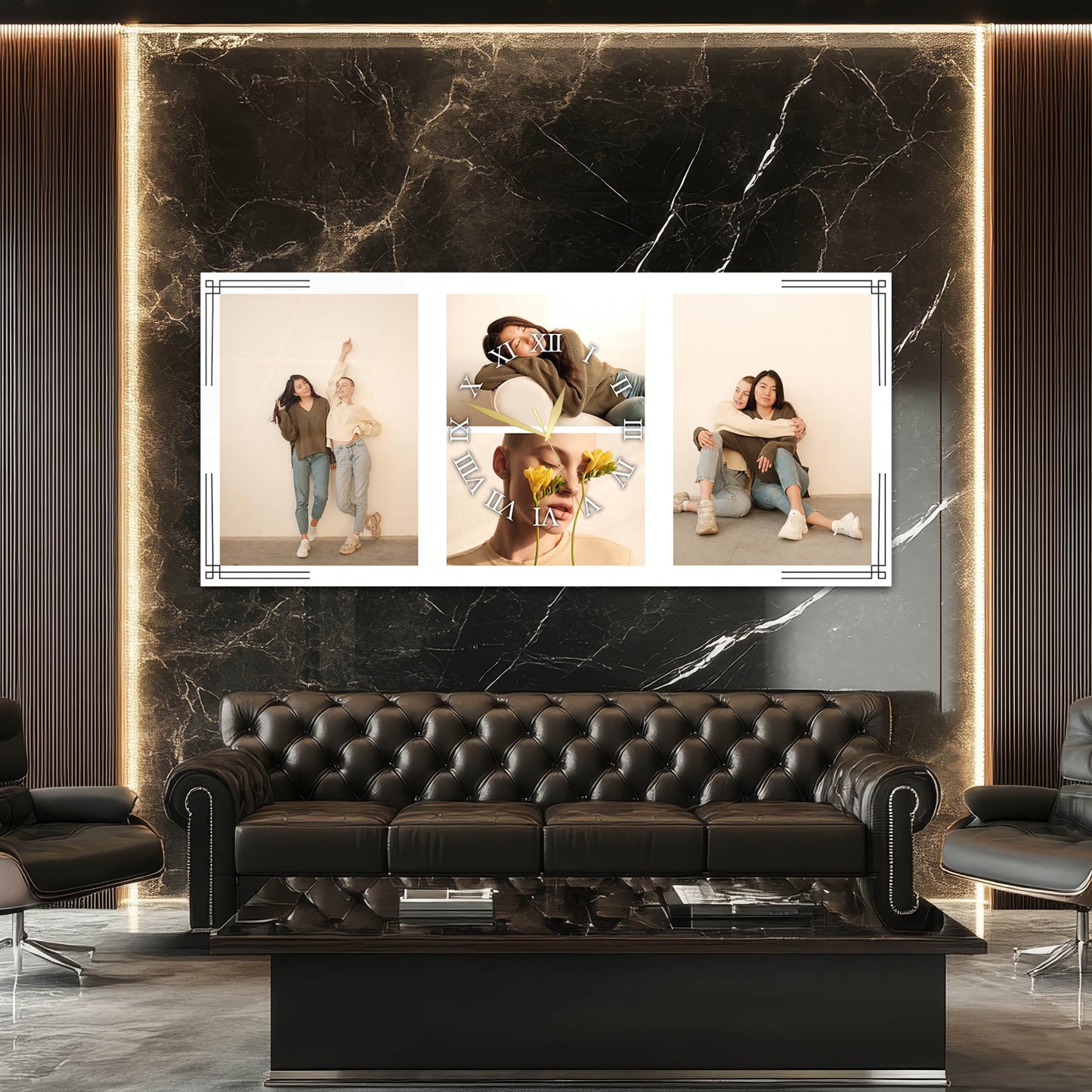 Kişiye Özel Üçlü Fotoğraf Kolajlı Beyaz Cam Saatli Tablo 4 mm