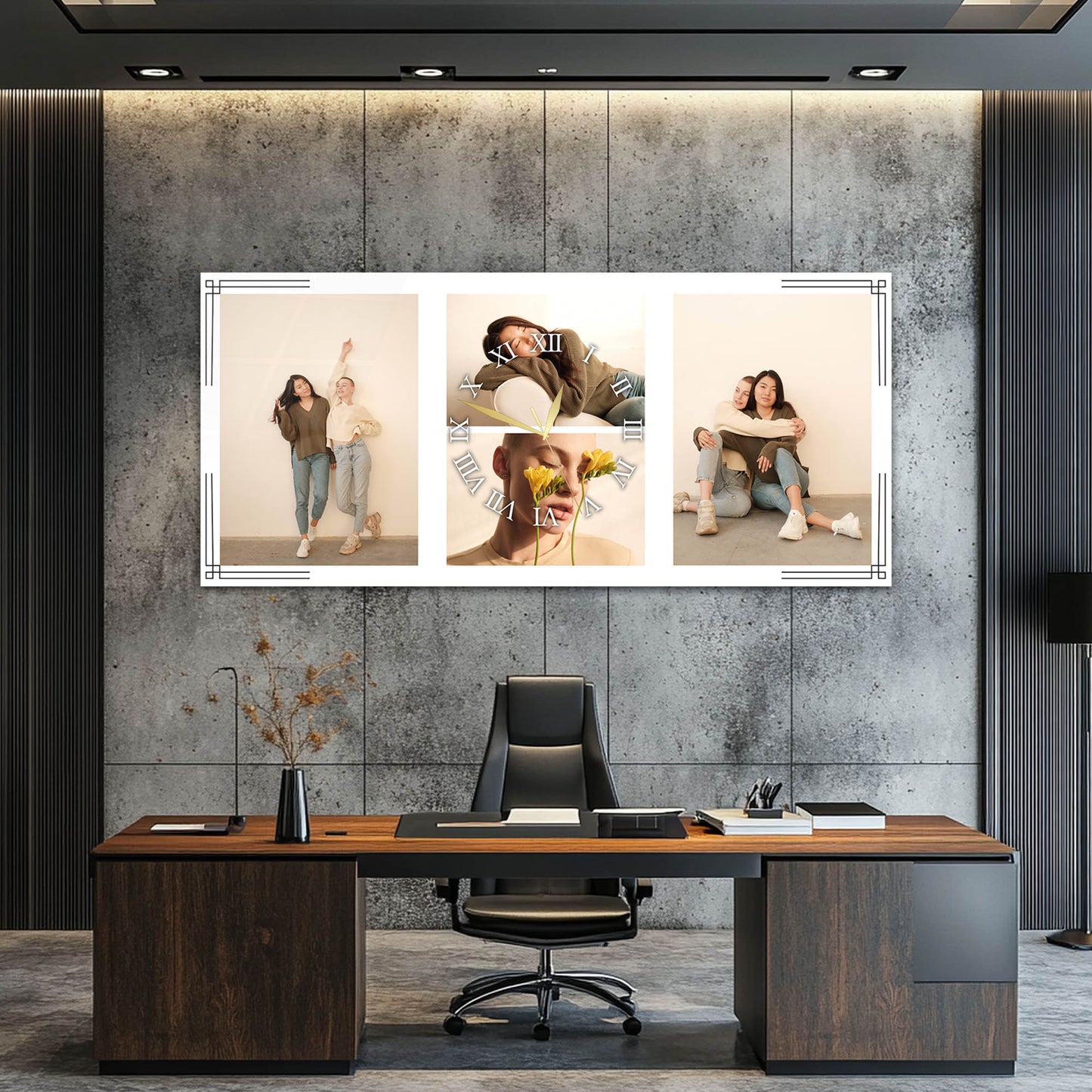 Kişiye Özel Üçlü Fotoğraf Kolajlı Beyaz Cam Saatli Tablo 4 mm