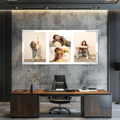 Kişiye Özel Üçlü Fotoğraf Kolajlı Beyaz Cam Saatli Tablo 4 mm