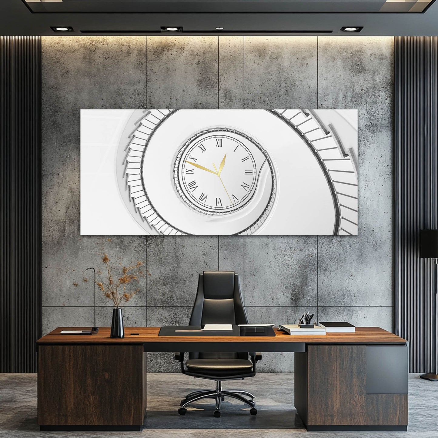 Minimalist Spiral Merdiven Mimarisi Tasarımlı Cam Saatli Tablo 4 mm Beyaz