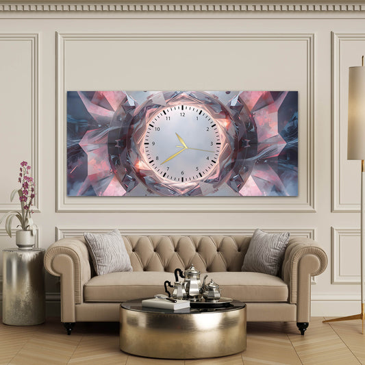 Kristal Geometrik Soyut Tasarım Pembe Işıltılı Cam Saatli Tablo 4 mm