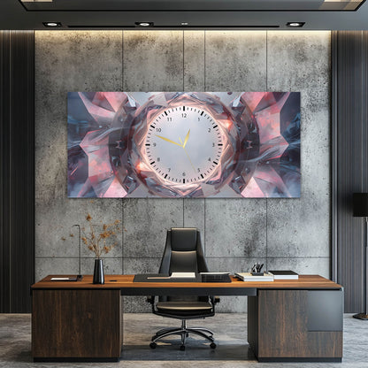 Kristal Geometrik Soyut Tasarım Pembe Işıltılı Cam Saatli Tablo 4 mm