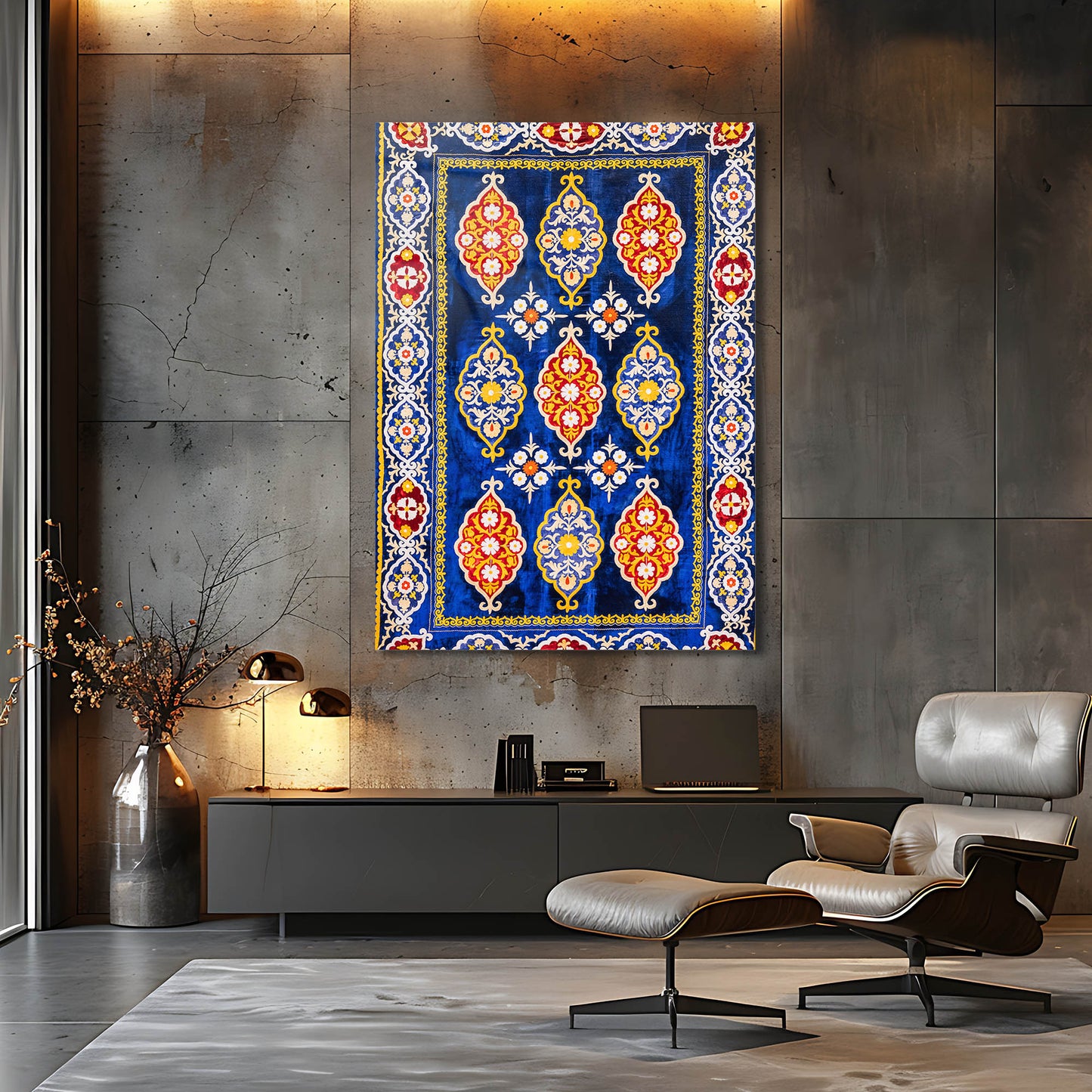 Derin Mavi Geleneksel Anadolu Kilim Cam Tablo