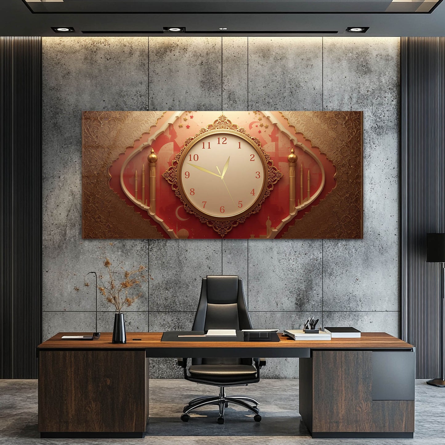 İslami Mimari Ve Mihrab Detaylı Gold Cam Saatli Tablo 4 mm