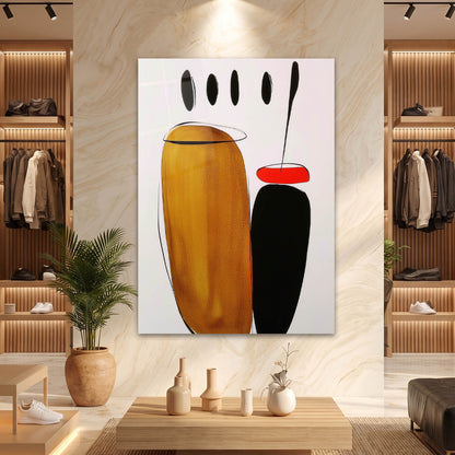 Minimalist Hardal ve Siyah Objeli Soyut Cam Tablo