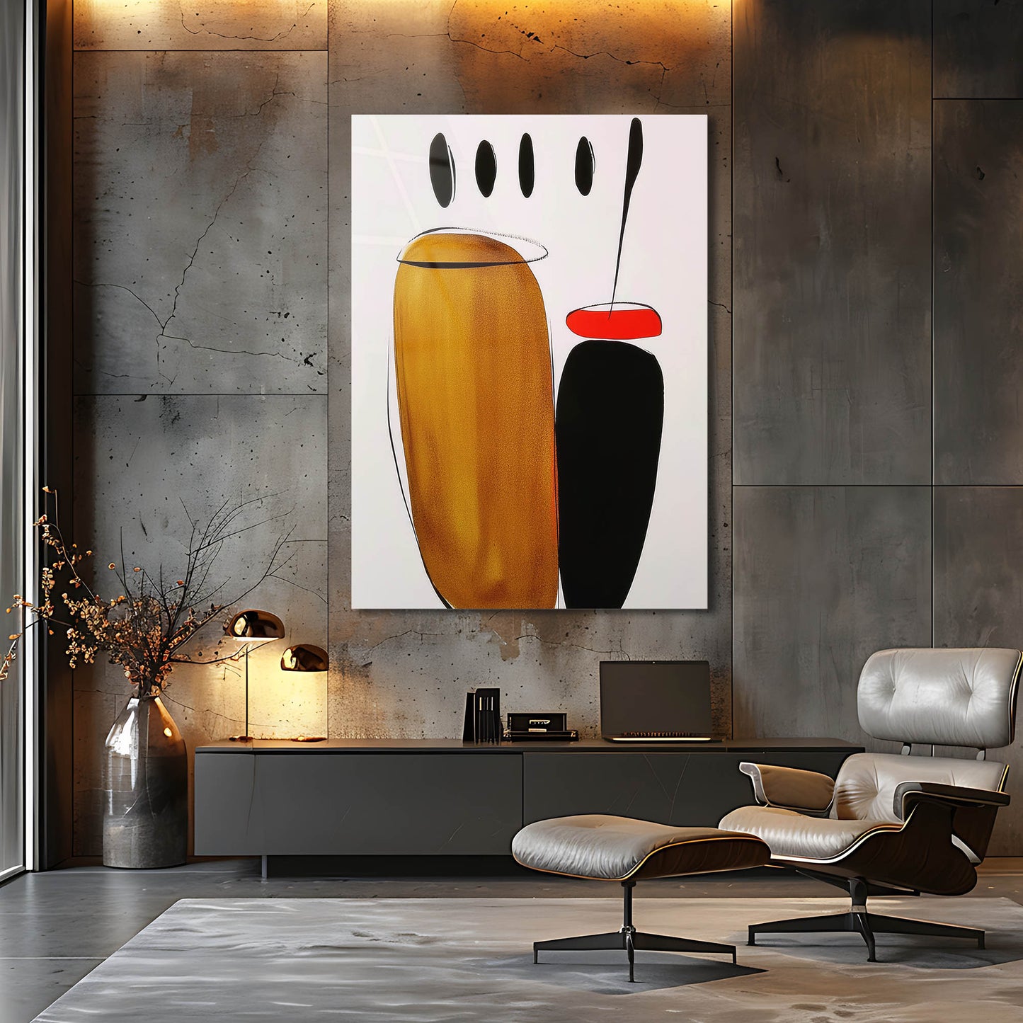 Minimalist Hardal ve Siyah Objeli Soyut Cam Tablo